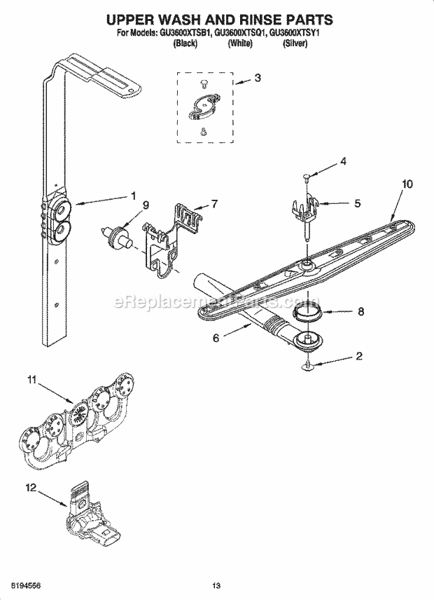 Whirlpool GU3600XTSY1 Undercounter Dishwasher Upper Wash and Rinse Parts Diagram