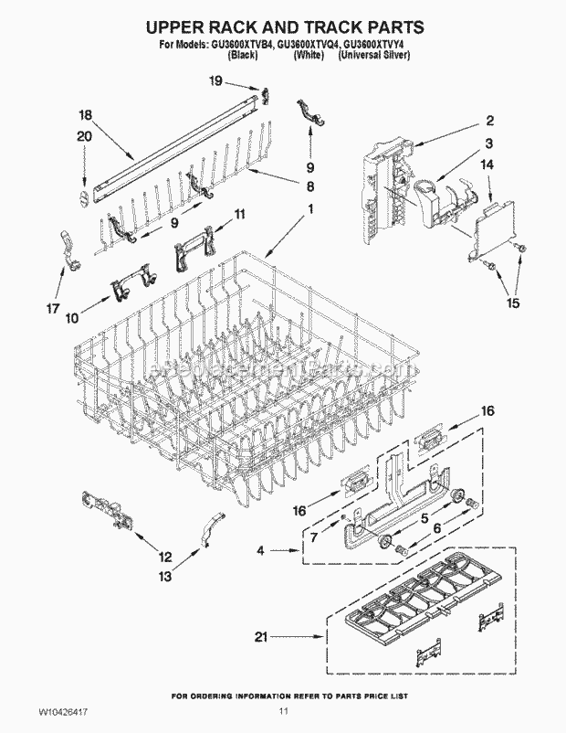 Whirlpool GU3600XTVB4 Undercounter Dishwasher Upper Rack and Track Parts Diagram