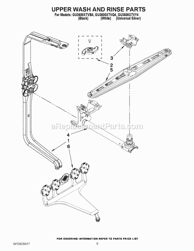 Whirlpool GU3600XTVB4 Undercounter Dishwasher Upper Wash and Rinse Parts Diagram