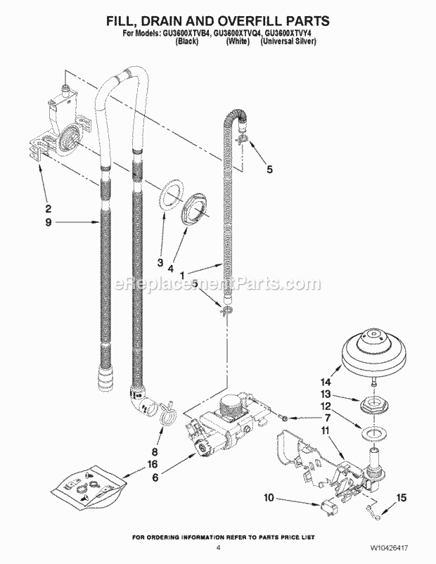 Whirlpool GU3600XTVB4 Undercounter Dishwasher Fill, Drain and Overfill Parts Diagram