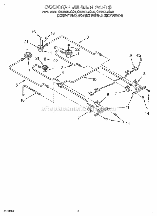 Whirlpool GW395LEGB0 Slide-in Gas Range Cooktop Burner Diagram