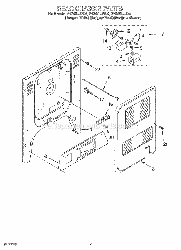 Whirlpool GW395LEGB0 Slide-in Gas Range Rear Chassis Diagram