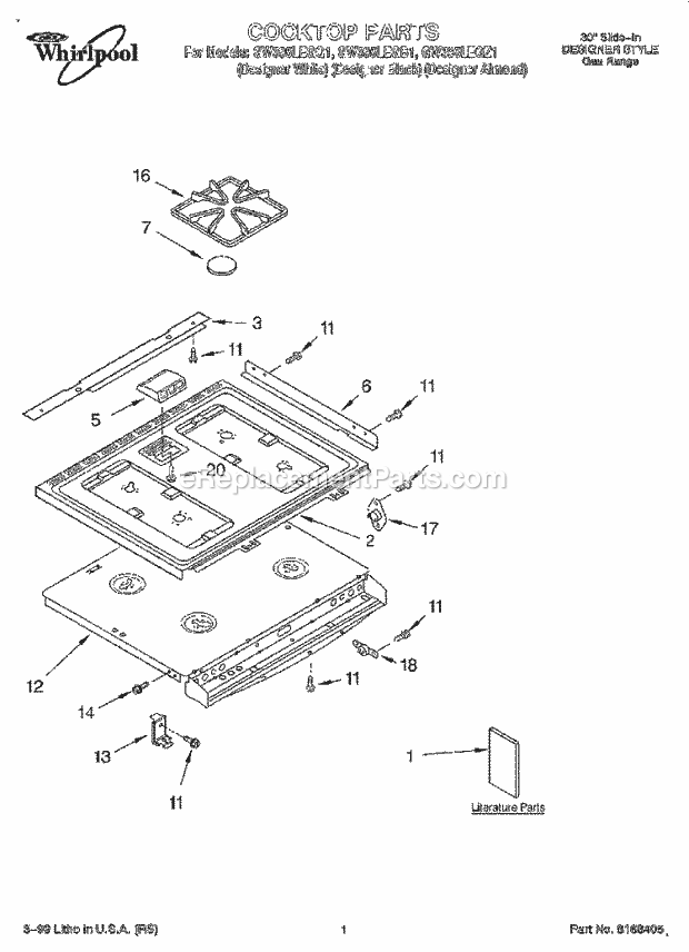 Whirlpool GW395LEGB1 Slide-in Gas Range Cooktop, Literature Diagram