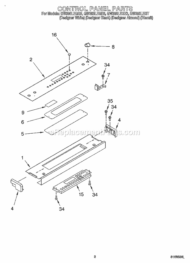 Whirlpool GW395LEGB3 Slide-in Gas Range Control Panel Diagram