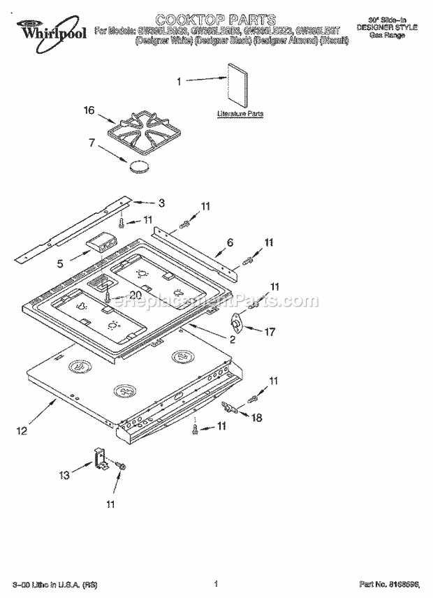 Whirlpool GW395LEGB3 Slide-in Gas Range Cooktop, Literature Diagram