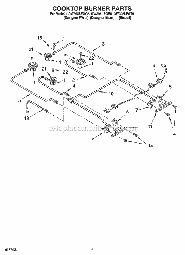 Whirlpool GW395LEGB5 Slide-in Gas Range Cooktop Burner Diagram