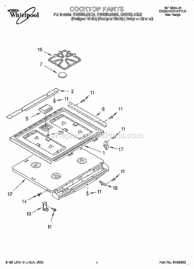 Whirlpool GW395LEGQ0 Slide-in Gas Range Cooktop Diagram