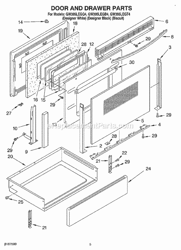 Whirlpool GW395LEGQ4 Slide-in Gas Range Door and Drawer Diagram