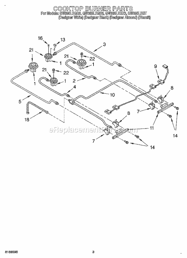 Whirlpool GW395LEGT3 Slide-in Gas Range Cooktop Burner Diagram