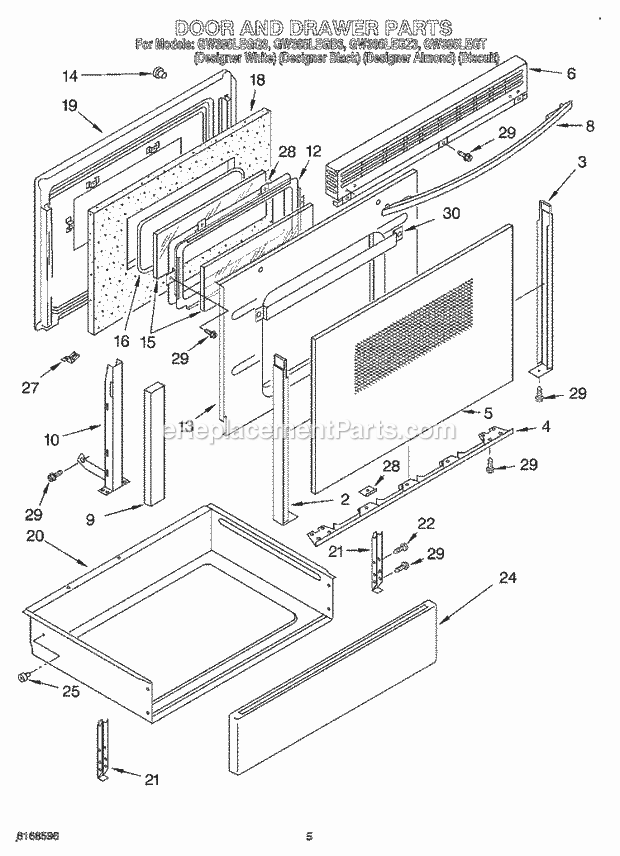 Whirlpool GW395LEGT3 Slide-in Gas Range Door and Drawer Diagram