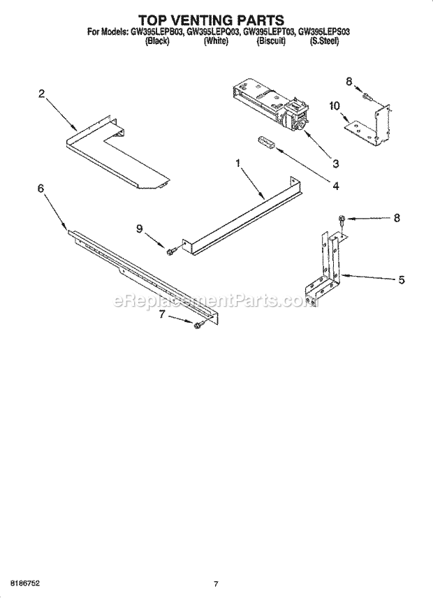 Whirlpool GW395LEPQ03 Slide-in Gas Range Top Venting Parts Diagram