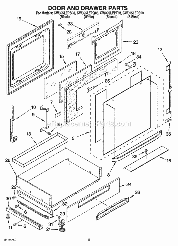 Whirlpool GW395LEPT03 Slide-in Gas Range Door and Drawer Parts Diagram