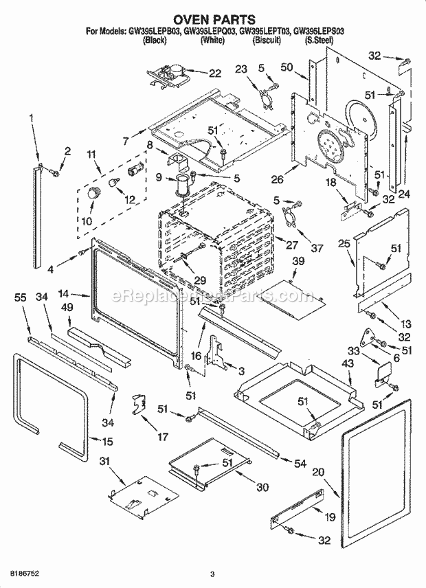 Whirlpool GW395LEPT03 Slide-in Gas Range Oven Parts Diagram