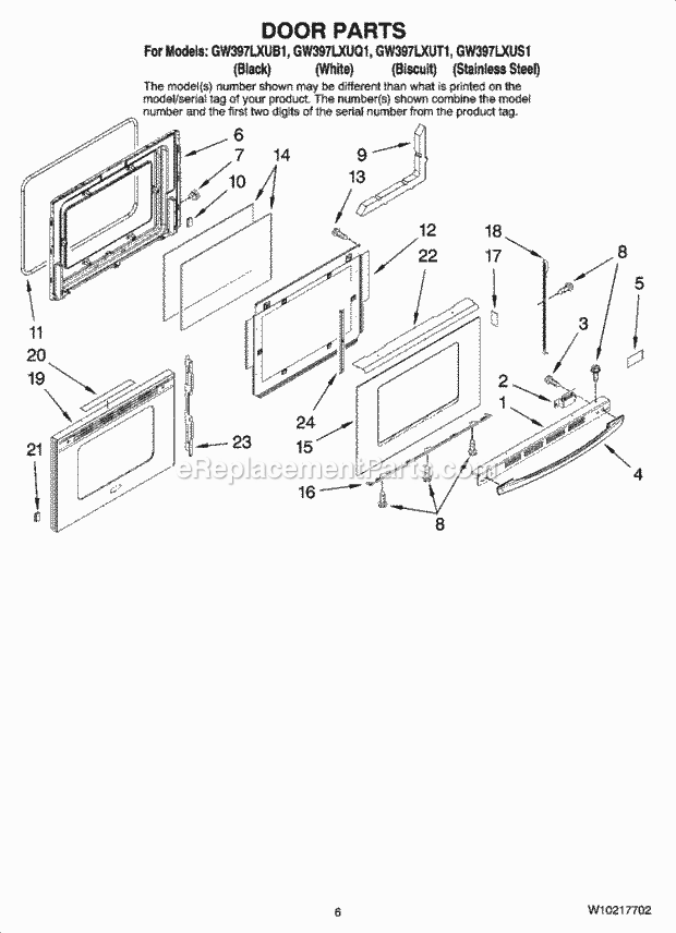 Whirlpool GW397LXUB1 Slide-in Gas Range Door Parts Diagram