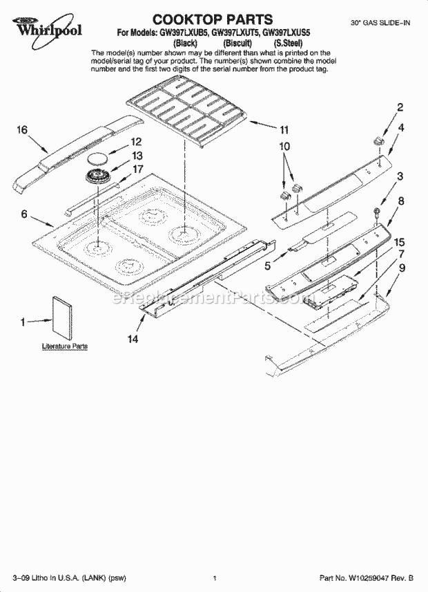 Whirlpool GW397LXUB5 Slide-in Gas Range Cooktop Parts Diagram