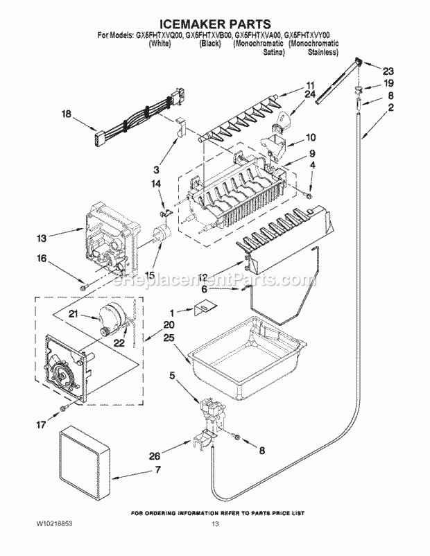 Whirlpool GX5FHTXVY00 Bottom Freezer Refrigerator Icemaker Parts Diagram