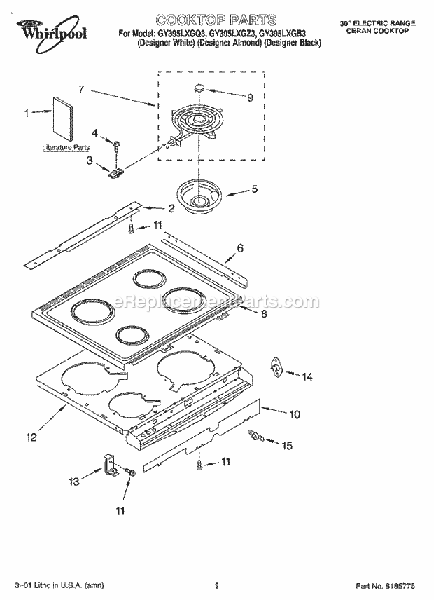 Whirlpool GY395LXGB3 Freestanding Electric Cooktop, Literature Diagram