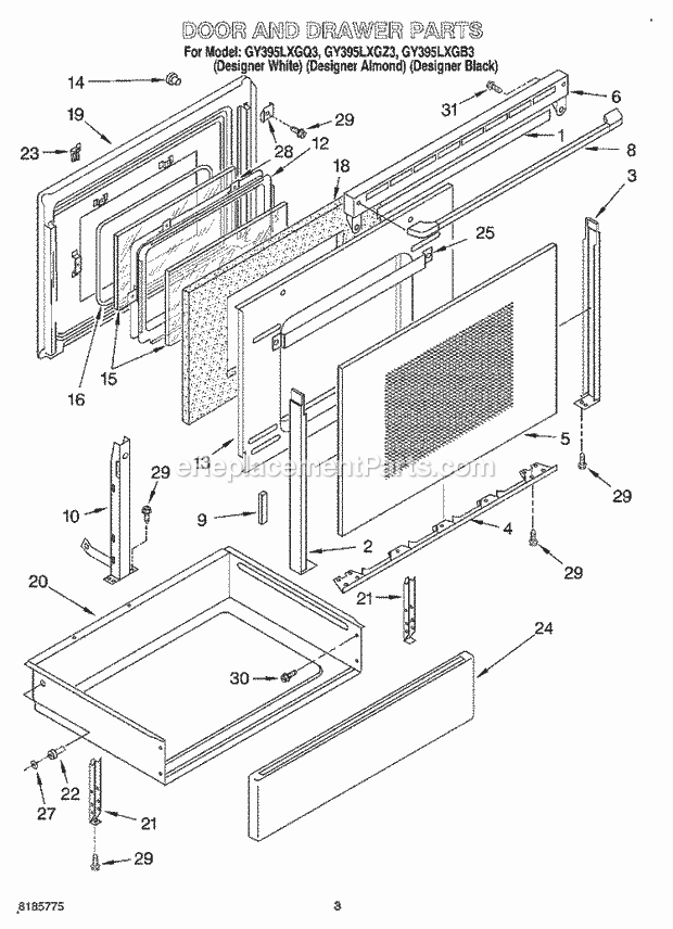 Whirlpool GY395LXGB3 Freestanding Electric Door and Drawer Diagram