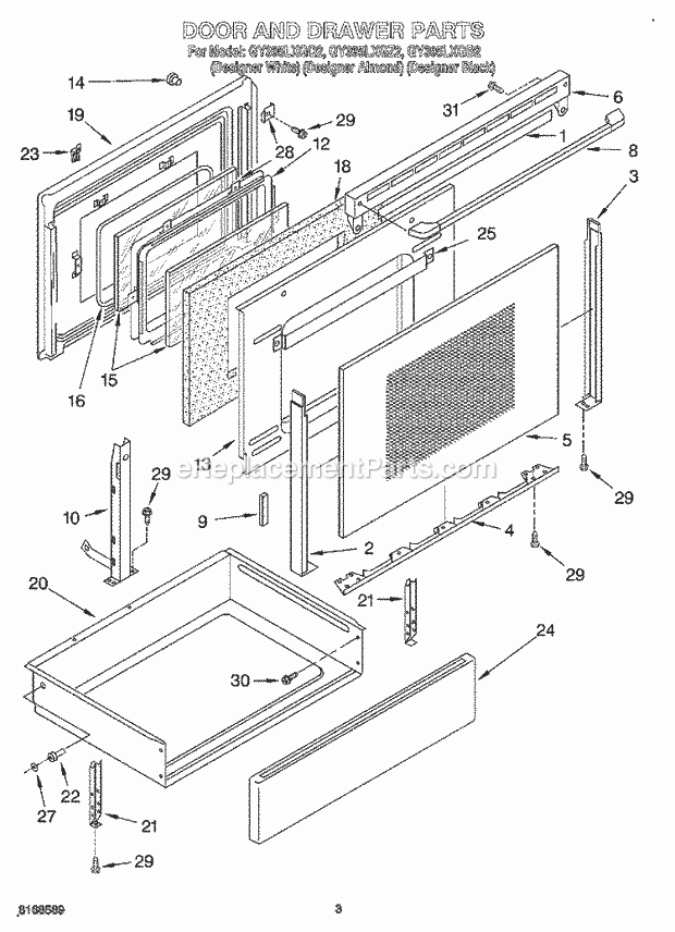 Whirlpool GY395LXGZ2 Freestanding Electric Range Door and Drawer Diagram