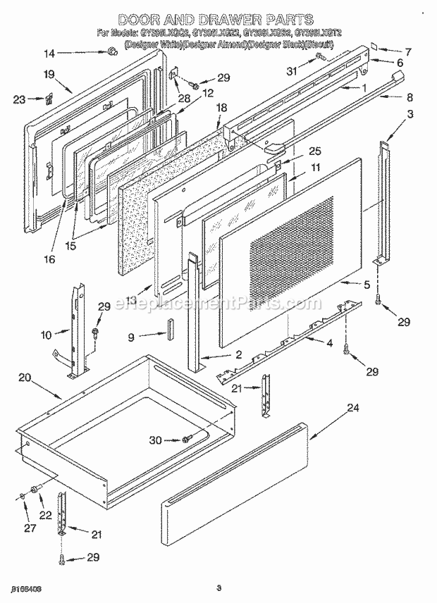 Whirlpool GY396LXGB2 Electric Range Door and Drawer Diagram