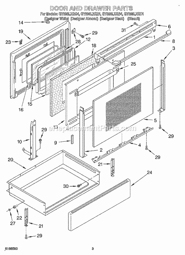 Whirlpool GY396LXGT4 Electric Range Door and Drawer Diagram