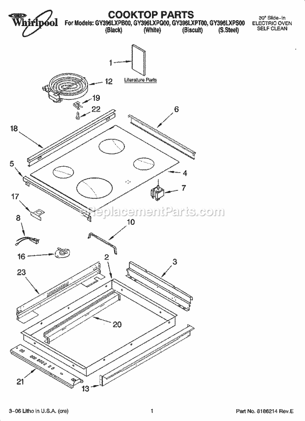 Whirlpool GY396LXPB00 Electric Slide-in Range Cooktop Parts Diagram