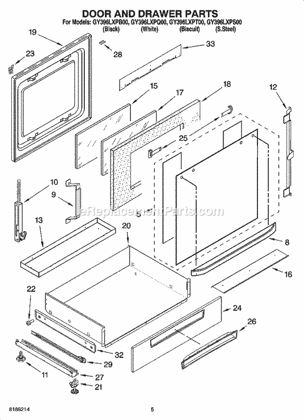 Whirlpool GY396LXPB00 Electric Slide-in Range Door and Drawer Parts Diagram