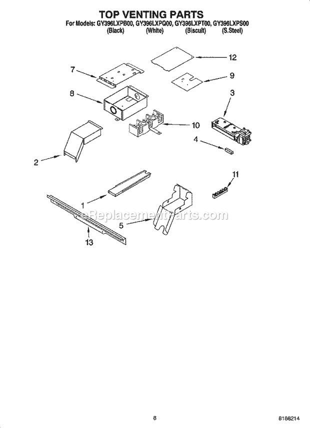 Whirlpool GY396LXPS00 Electric Slide-in Range Top Venting Parts, Optional Parts Diagram