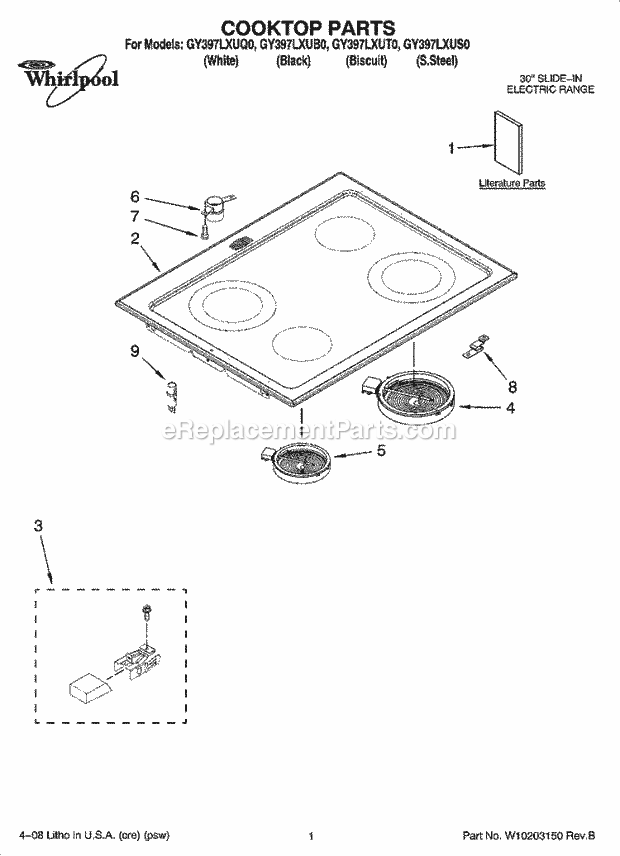 Whirlpool GY397LXUQ0 Electric Slide-in Range Cooktop Parts Diagram