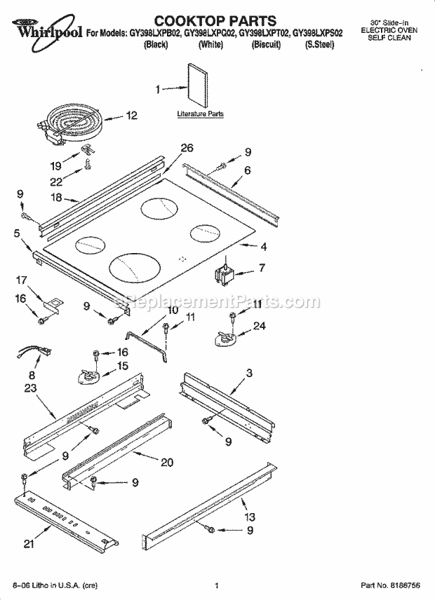 Whirlpool GY398LXPQ02 Electric Slide-in Range Cooktop Parts Diagram