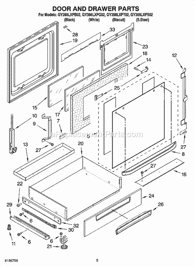 Whirlpool GY398LXPQ02 Electric Slide-in Range Door and Drawer Parts Diagram