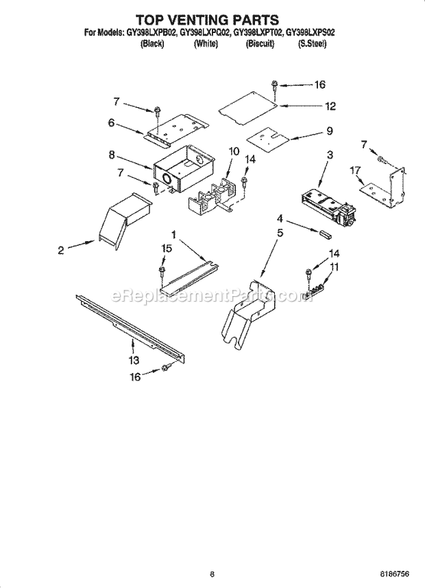 Whirlpool GY398LXPQ02 Electric Slide-in Range Top Venting Parts, Optional Parts Diagram