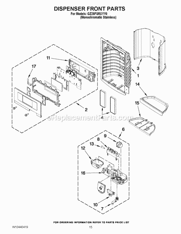 Whirlpool GZ25FSRXYY0 Refrigerator Dispenser Front Parts Diagram