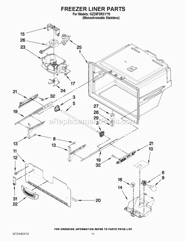 Whirlpool GZ25FSRXYY0 Refrigerator Freezer Liner Parts Diagram