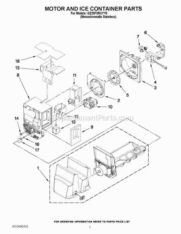 Whirlpool GZ25FSRXYY0 Refrigerator Motor and Ice Container Parts Diagram