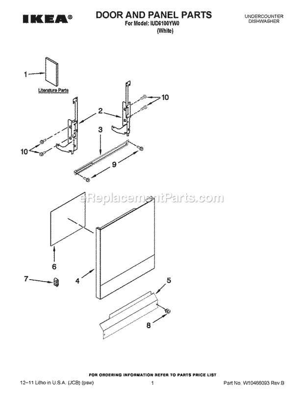 Whirlpool IUD6100YW0 Dishwasher Door and Panel Parts Diagram