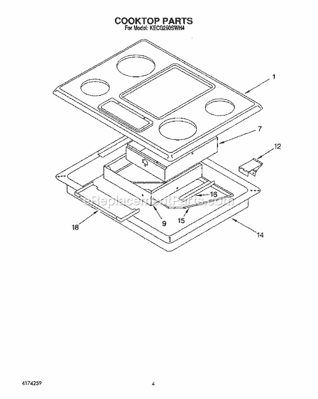 Whirlpool KECG260SAL4 Range Cooktop Diagram