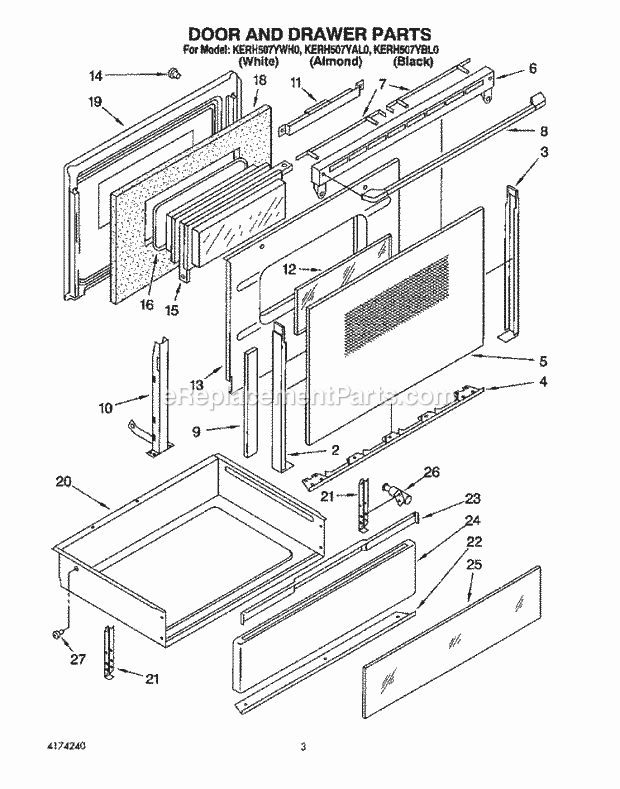 Whirlpool KERH507YWH0 Range Door and Drawer Diagram