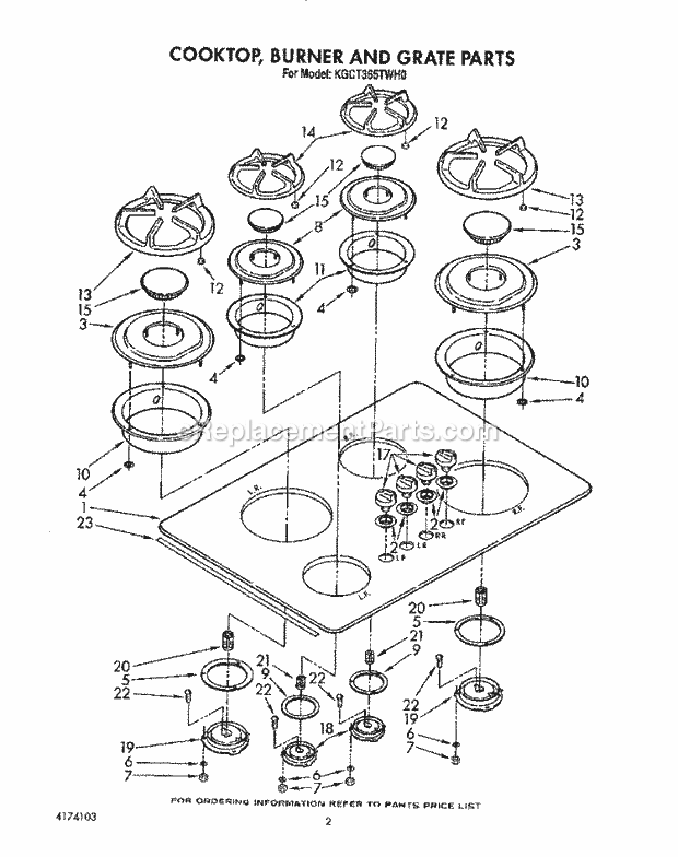 Whirlpool KGCT365TAL0 Range Cooktop, Burner and Grates Diagram