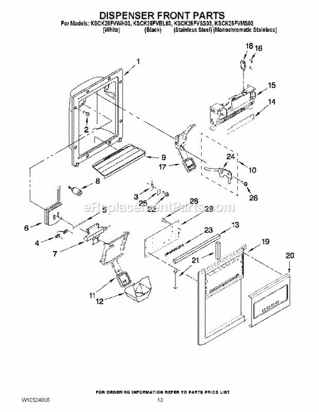 Whirlpool KSCK25FVWH03 Refrigerator Dispenser Front Parts Diagram