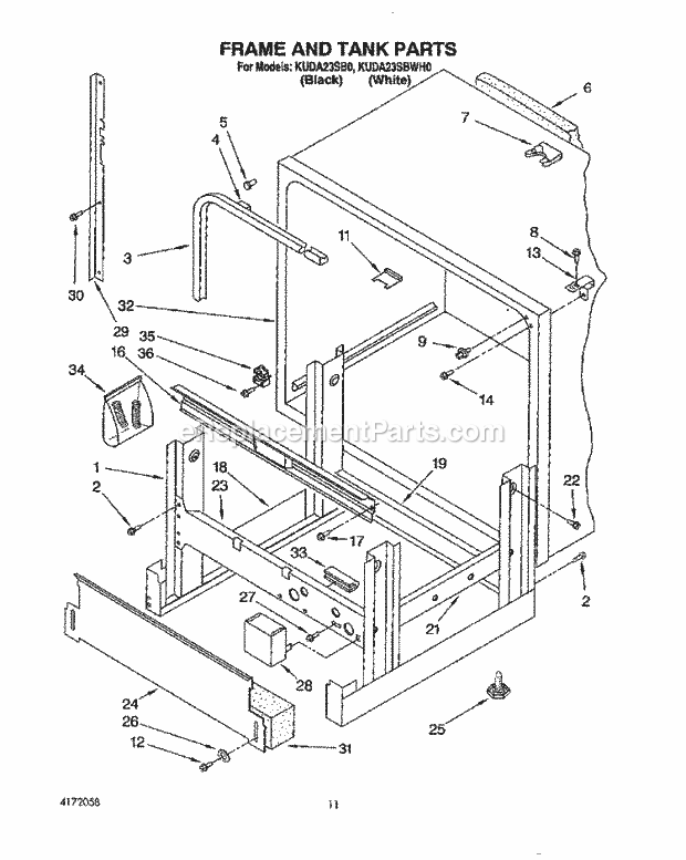 Whirlpool KUDA23SB0 Dishwasher Frame and Tank Diagram