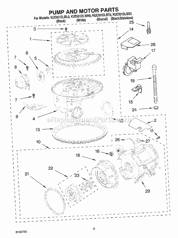 Whirlpool KUDI01DLSS0 Dishwasher Pump and Motor Diagram