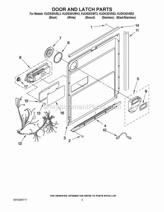 Whirlpool KUDK30IVSS3 Undercounter Dishwasher Door and Latch Parts Diagram