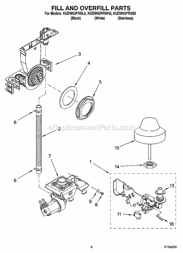 Whirlpool KUDW02FRWH0 Undercounter Dishwasher Fill and Overfill Parts Diagram