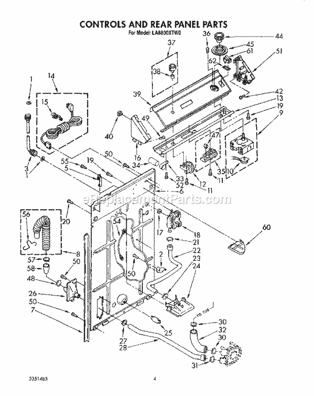 Whirlpool LA8800XTG0 Washer Controls and Rear Panel Diagram