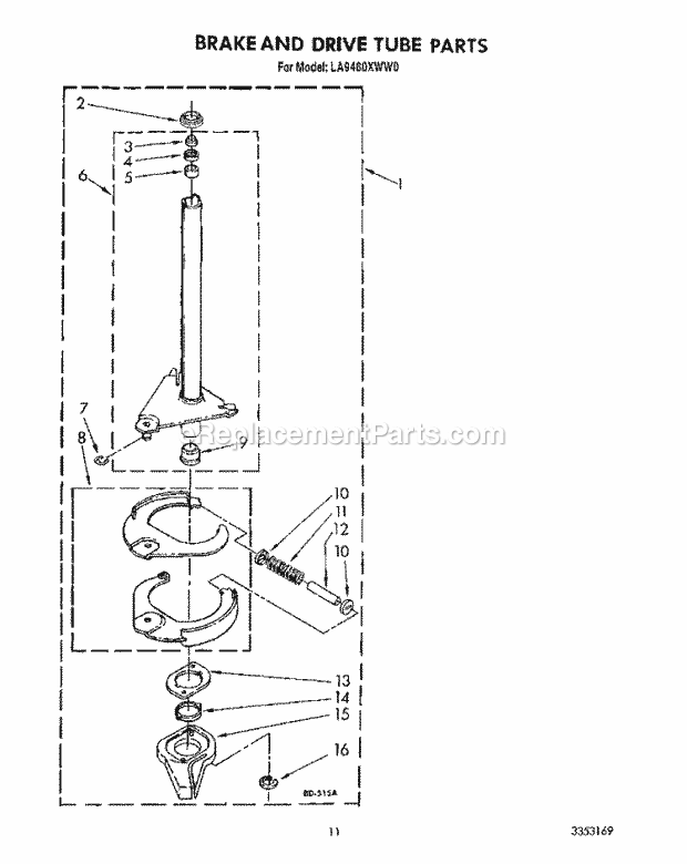 Whirlpool LA9480XWG0 Washer Brake and Drive Tube Diagram