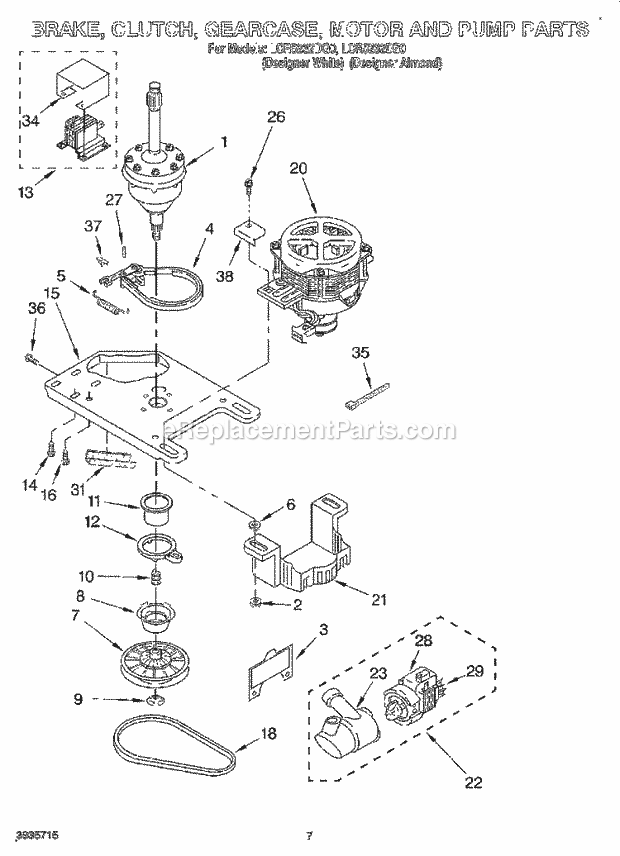 Whirlpool LCR5232DZ0 Residential Direct Drive Washer Brake, Clutch, Gearcase, Motor and Pump Diagram