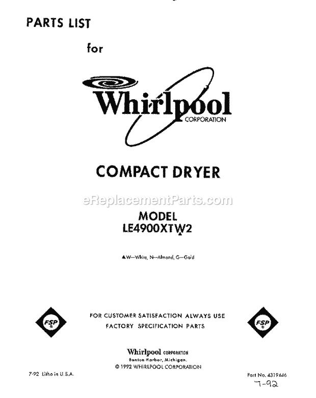 Whirlpool LE4900XTW2 Residential Dryer Page C Diagram