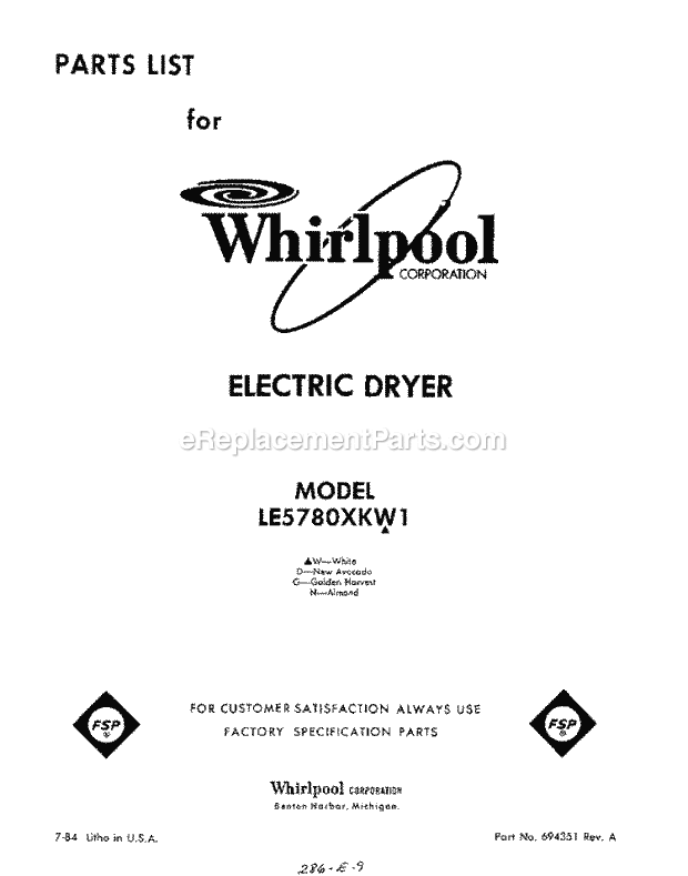 Whirlpool LE5780XKW1 Residential Dryer Page D Diagram
