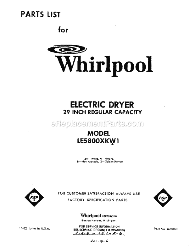 Whirlpool LE5800XKW1 Residential Dryer Page D Diagram